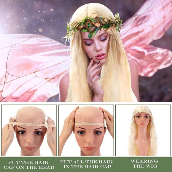 Fairy Costume Set Women Elf Ears Rhinestone Headpiece Wig Leaf Crown Cosplay